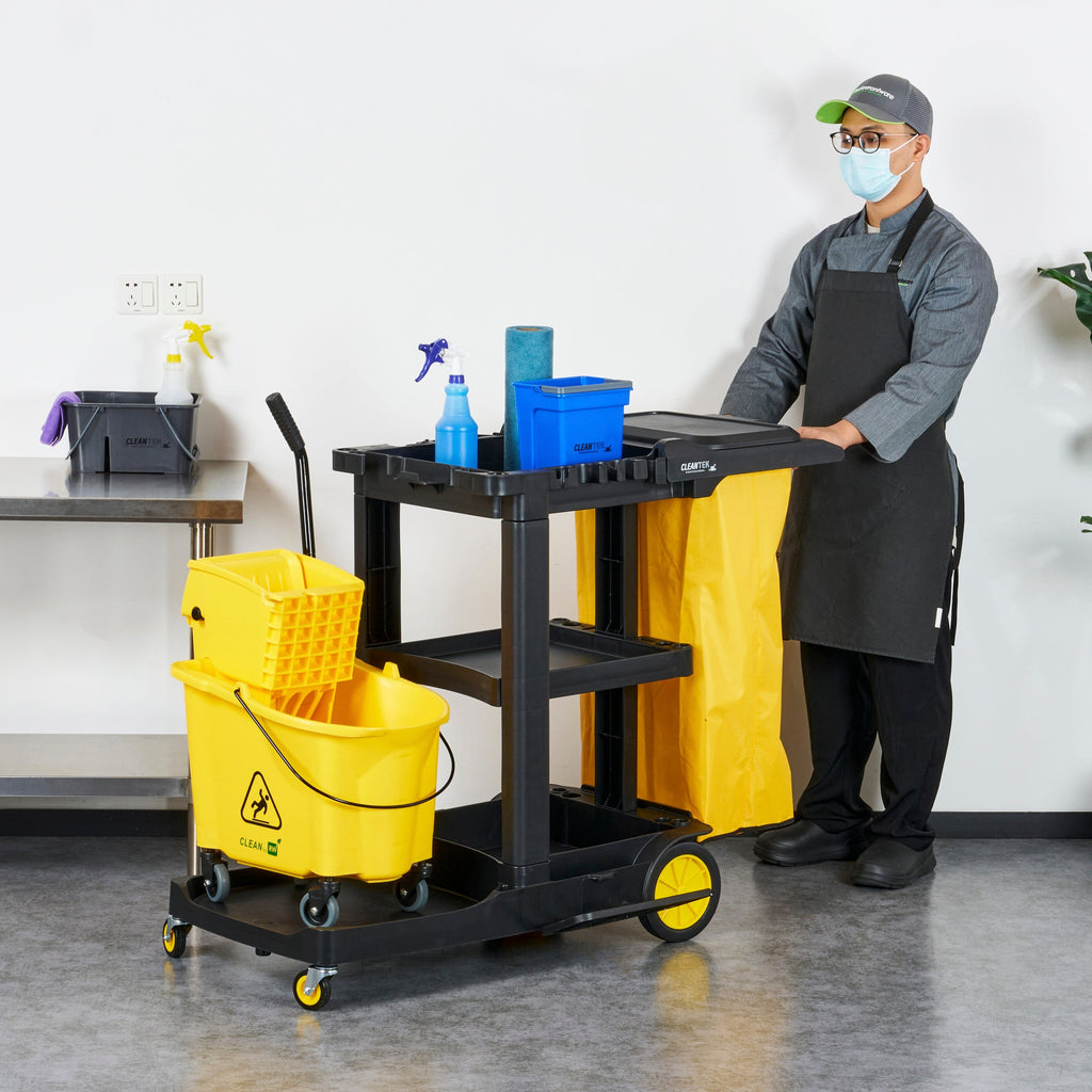 Clean Tek Professional Black Heavy Duty 3-Shelf Janitor Cart - 21 gal Bag, Lid - 52 1/4" x 33 1/2" x 39" - 1 count box