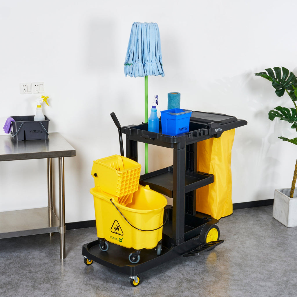 Clean Tek Professional Black Heavy Duty 3-Shelf Janitor Cart - 21 gal Bag, Lid - 52 1/4" x 33 1/2" x 39" - 1 count box