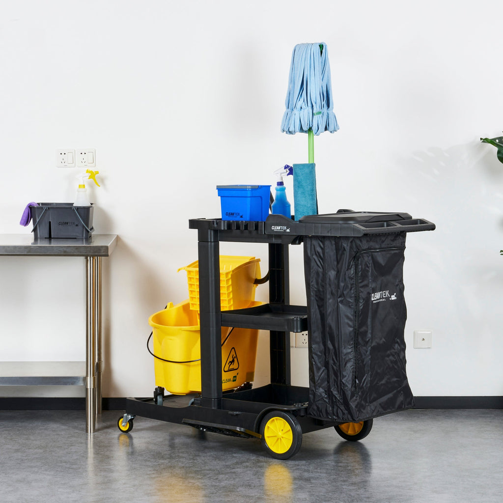 Clean Tek Professional Black Heavy Duty 3-Shelf Janitor Cart - 21 gal Bag, Lid - 52 1/4" x 33 1/2" x 39" - 1 count box