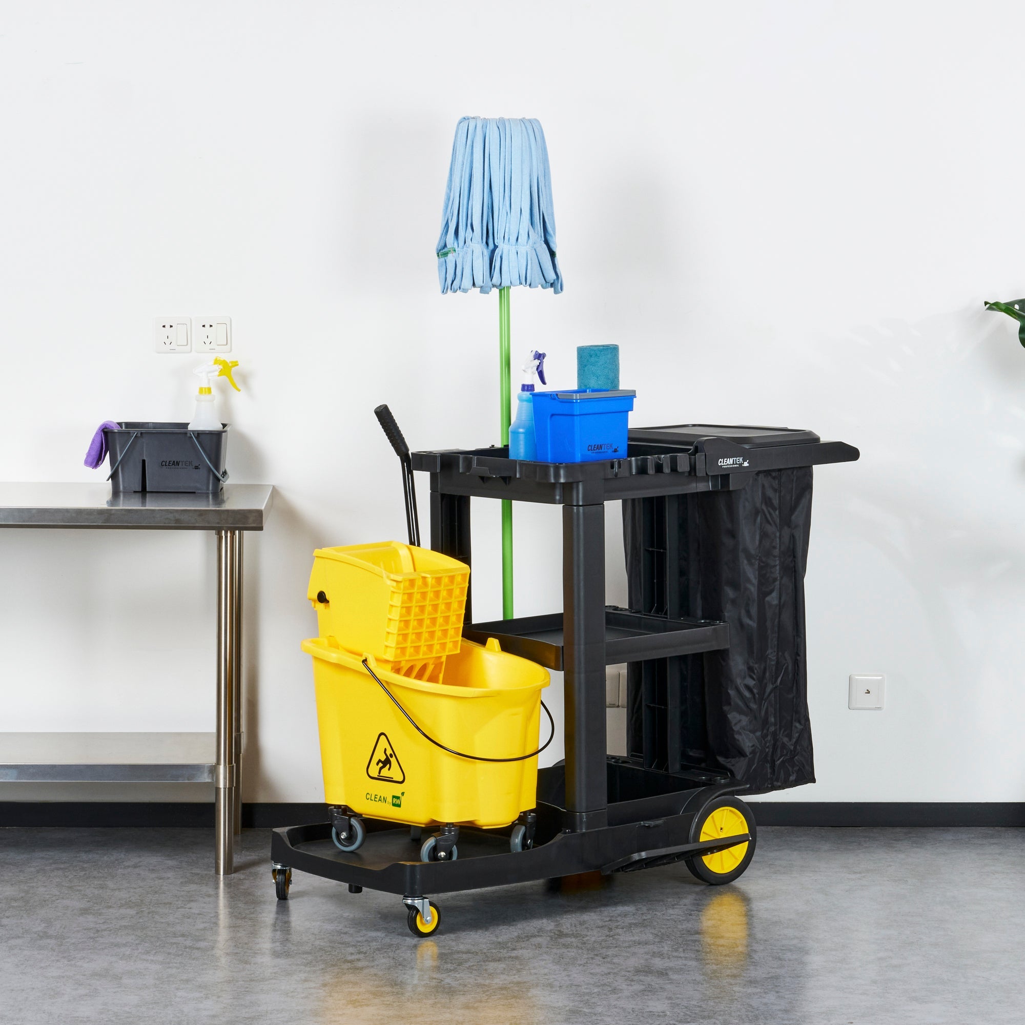 Clean Tek Professional Black Heavy Duty 3-Shelf Janitor Cart - 21 gal Bag, Lid - 52 1/4" x 33 1/2" x 39" - 1 count box