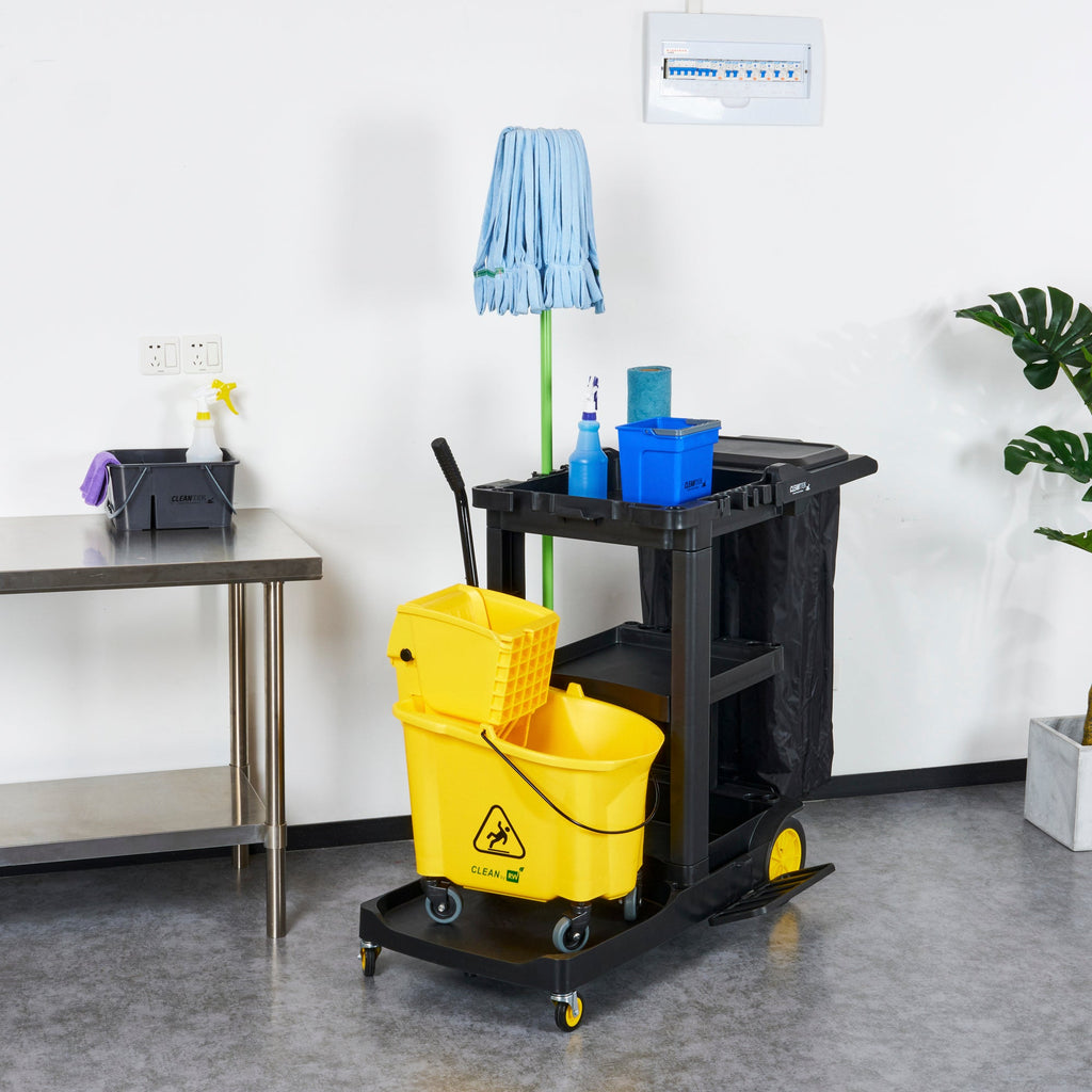 Clean Tek Professional Black Heavy Duty 3-Shelf Janitor Cart - 21 gal Bag, Lid - 52 1/4" x 33 1/2" x 39" - 1 count box
