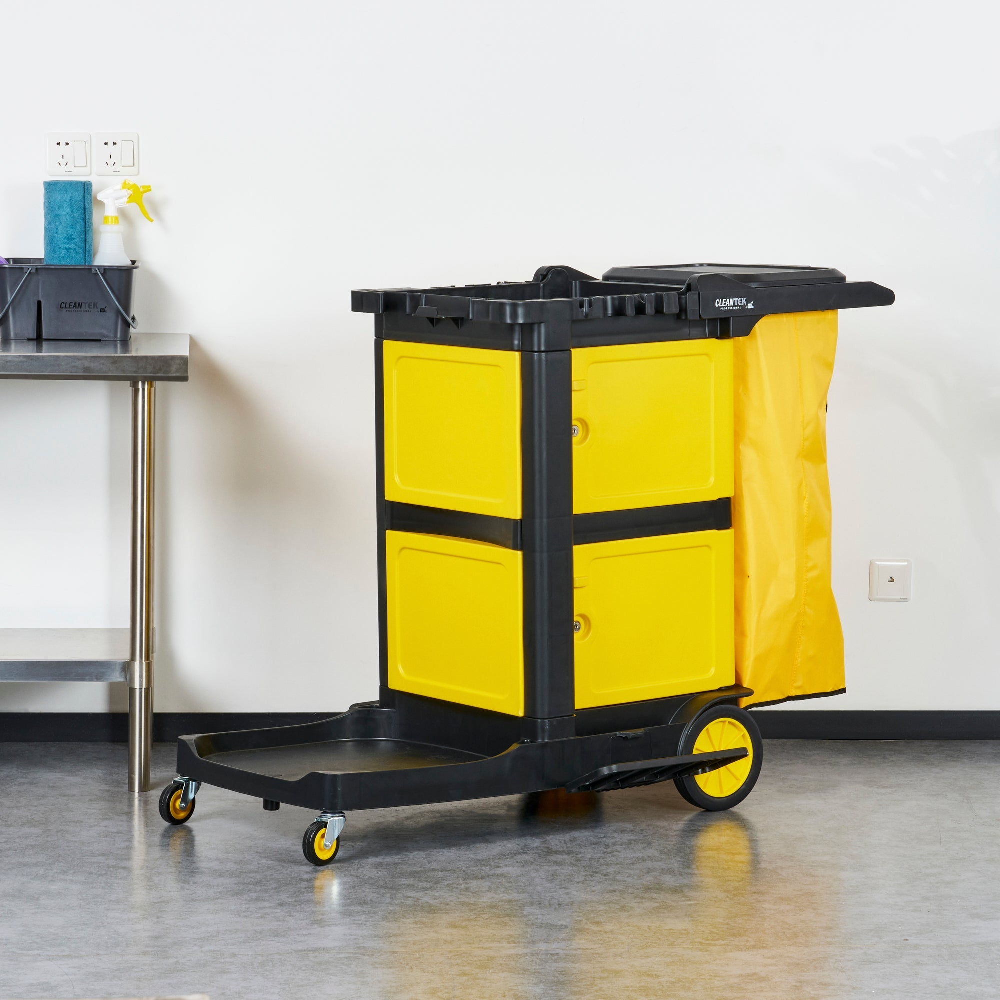 Clean Tek Professional Black Heavy Duty 3-Shelf Janitor Cart - 21 gal Bag, Lid,Double Locking Cabinet- 52 1/4" x 33 1/2" x 39" - 1 count box