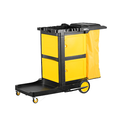 Clean Tek Professional Black Heavy Duty 3-Shelf Janitor Cart - 21 gal Bag, Lid,Double Locking Cabinet- 52 1/4" x 33 1/2" x 39" - 1 count box