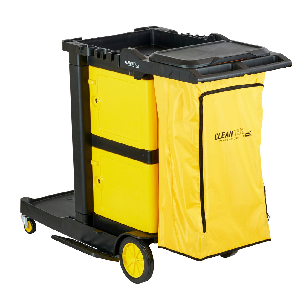 Clean Tek Professional Black Heavy Duty 3-Shelf Janitor Cart - 21 gal Bag, Lid,Double Locking Cabinet- 52 1/4" x 33 1/2" x 39" - 1 count box