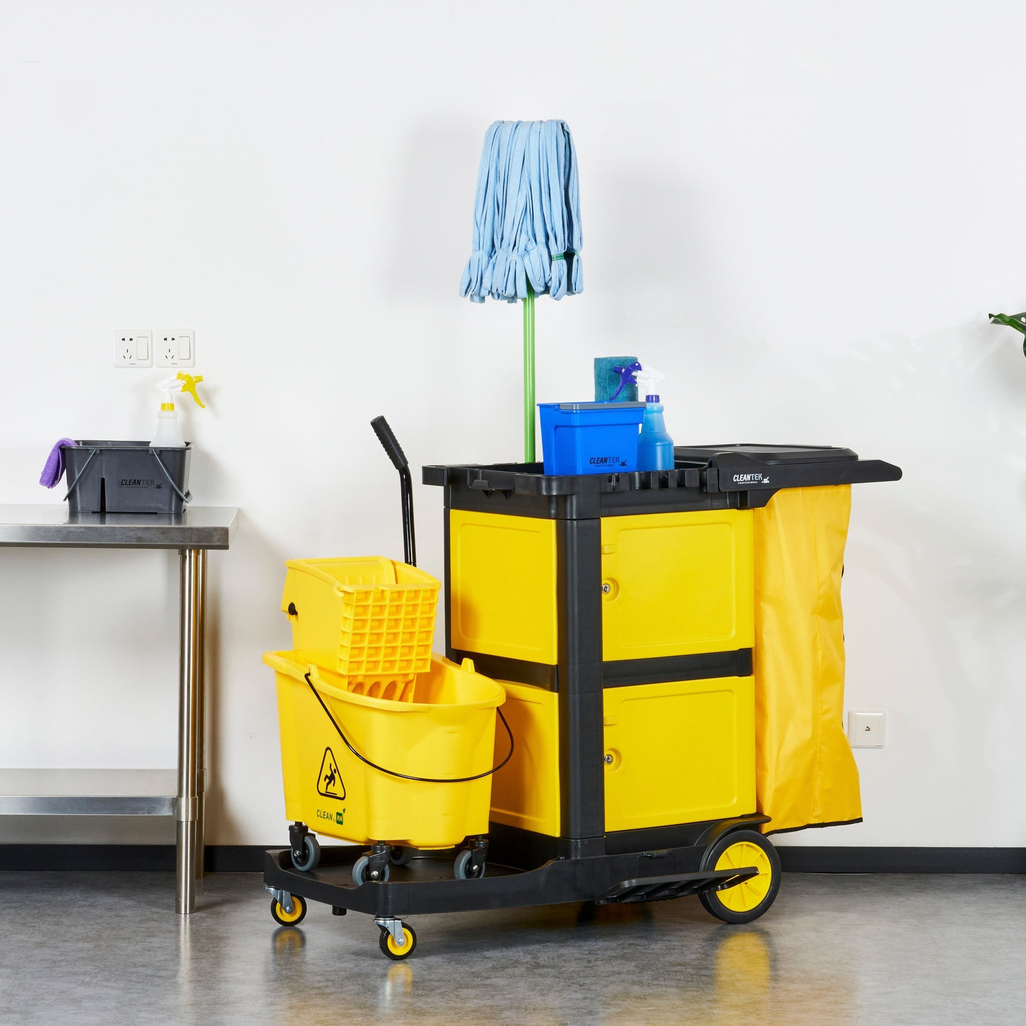 Clean Tek Professional Black Heavy Duty 3-Shelf Janitor Cart - 21 gal Bag, Lid,Double Locking Cabinet- 52 1/4" x 33 1/2" x 39" - 1 count box