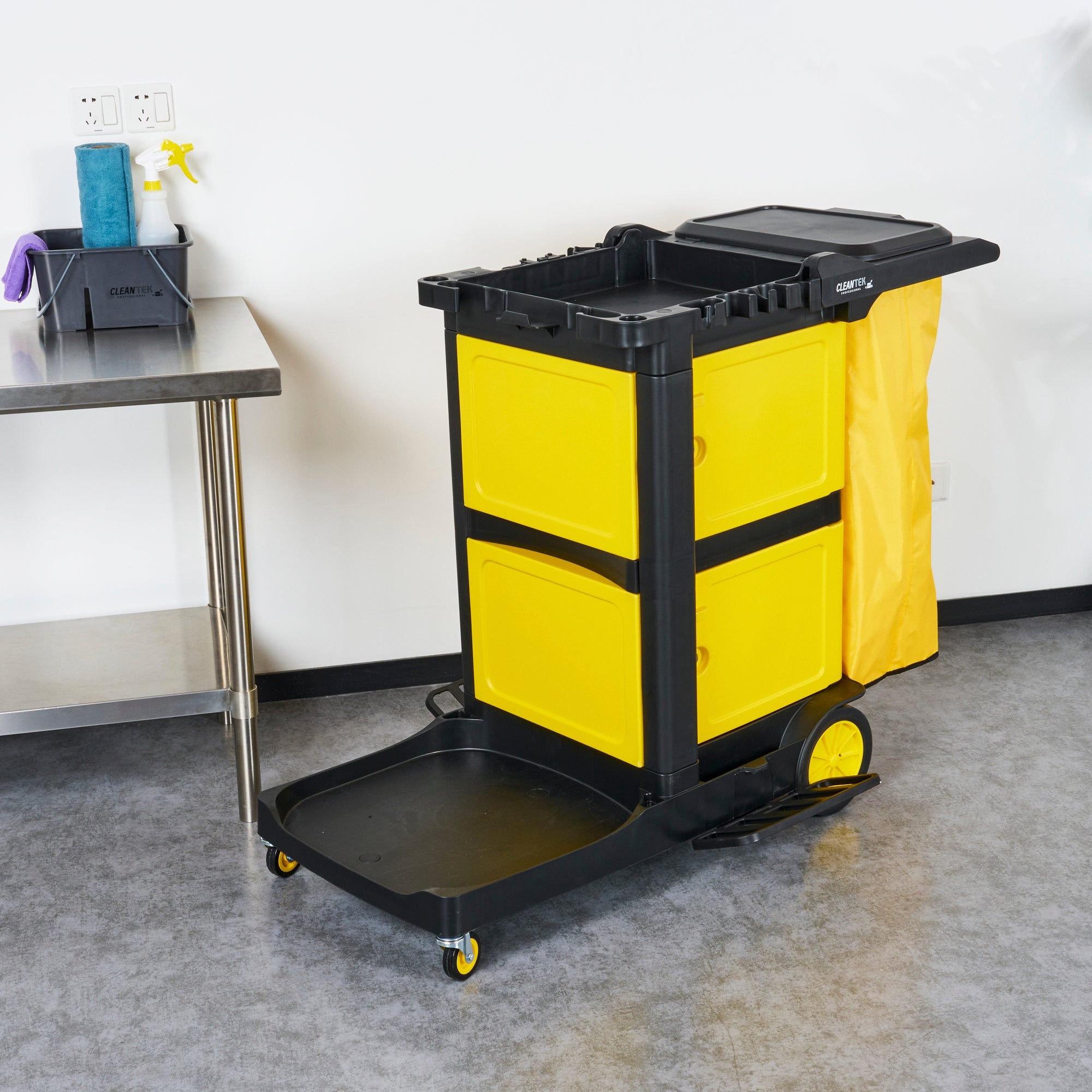 Clean Tek Professional Black Heavy Duty 3-Shelf Janitor Cart - 21 gal Bag, Lid,Double Locking Cabinet- 52 1/4" x 33 1/2" x 39" - 1 count box