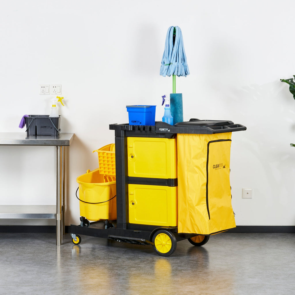 Clean Tek Professional Black Heavy Duty 3-Shelf Janitor Cart - 21 gal Bag, Lid,Double Locking Cabinet- 52 1/4" x 33 1/2" x 39" - 1 count box