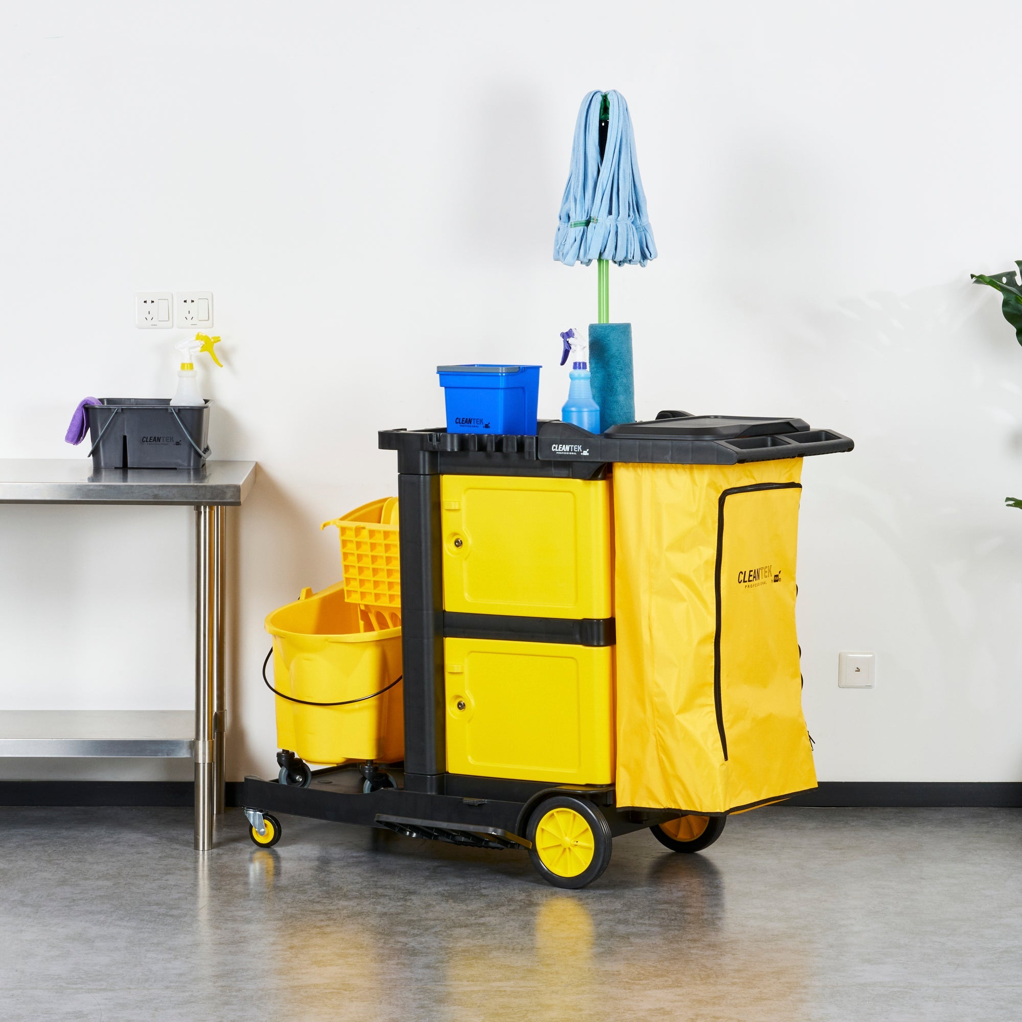 Clean Tek Professional Black Heavy Duty 3-Shelf Janitor Cart - 21 gal Bag, Lid,Double Locking Cabinet- 52 1/4" x 33 1/2" x 39" - 1 count box