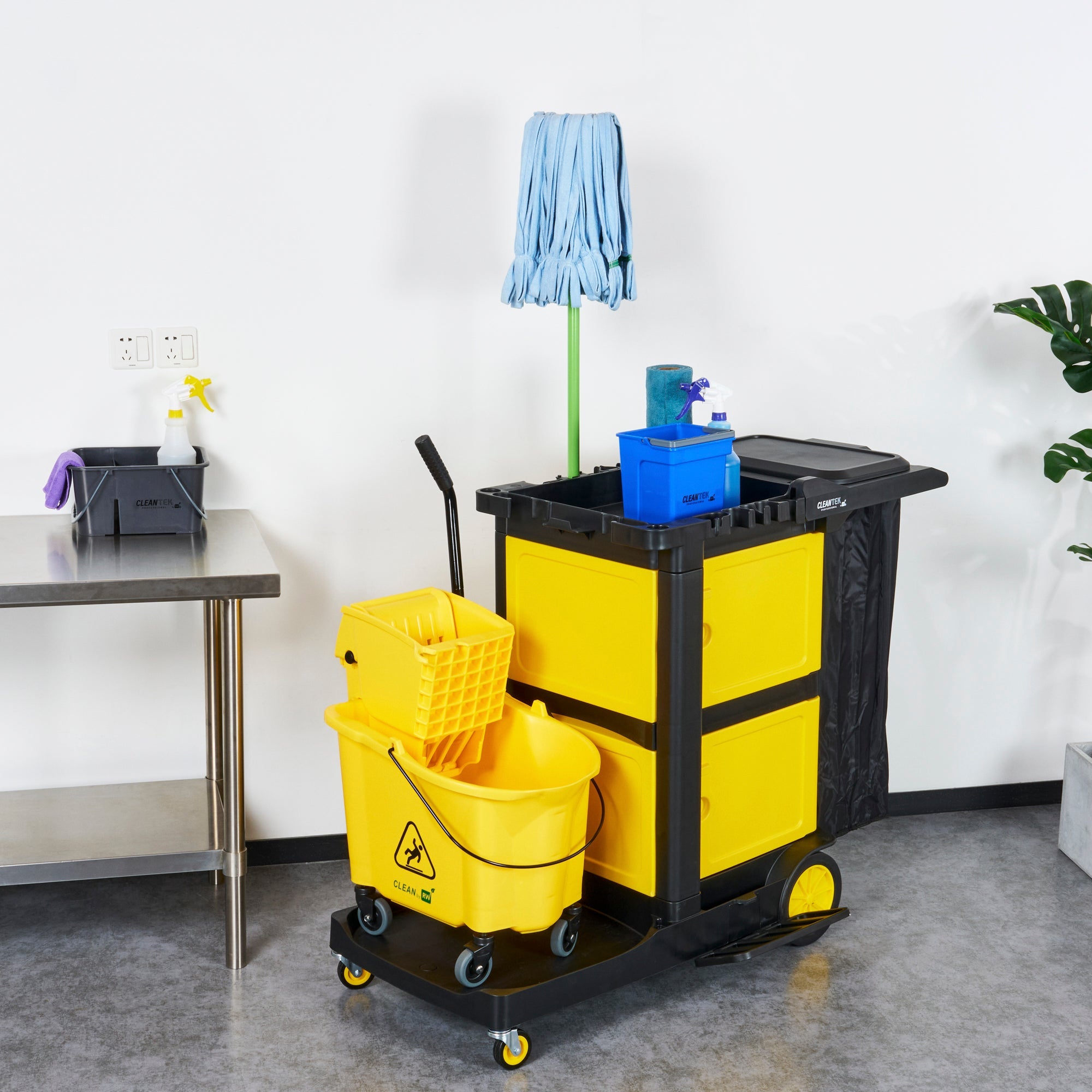 Clean Tek Professional Black Heavy Duty 3-Shelf Janitor Cart - 21 gal Bag, Lid,Double Locking Cabinet- 52 1/4" x 33 1/2" x 39" - 1 count box