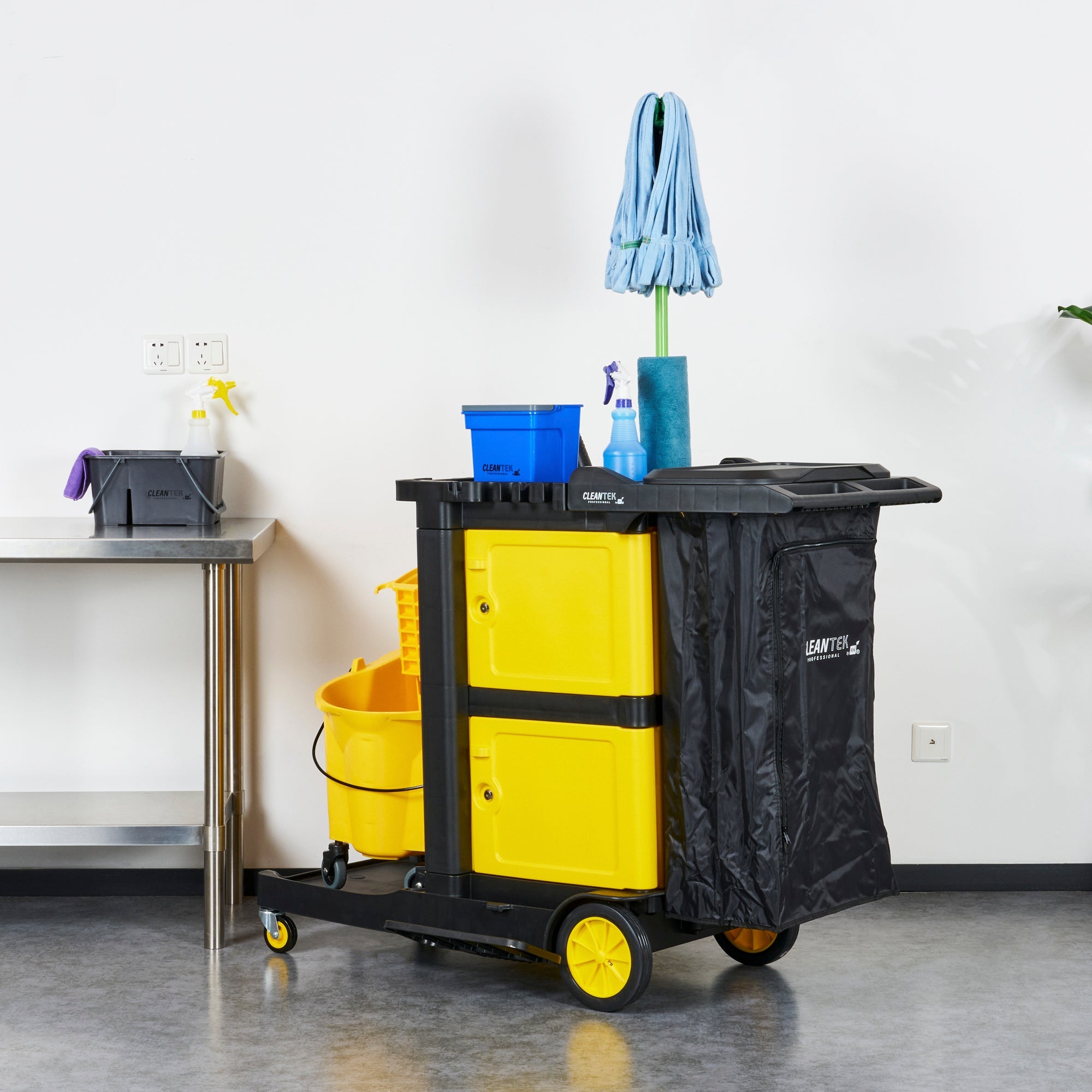 Clean Tek Professional Black Heavy Duty 3-Shelf Janitor Cart - 21 gal Bag, Lid,Double Locking Cabinet- 52 1/4" x 33 1/2" x 39" - 1 count box