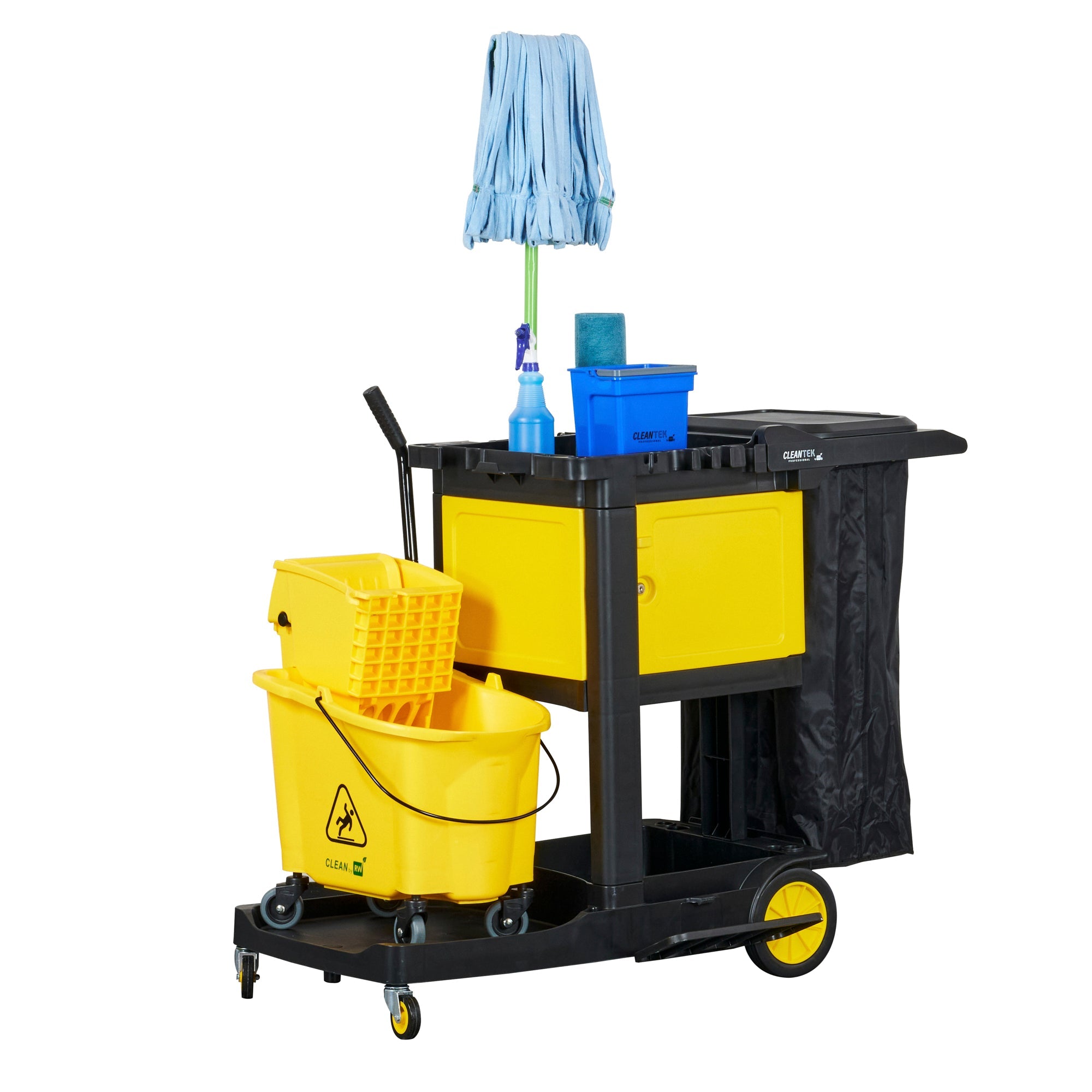 Clean Tek Professional Black Heavy Duty 3-Shelf Janitor Cart - 21 gal Bag,Lid,Single Locking Cabinet - 53 1/2" x 33 1/2" x 39" - 1 count box
