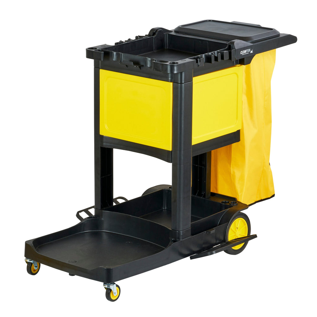 Clean Tek Professional Black Heavy Duty 3-Shelf Janitor Cart - 21 gal Bag,Lid,Single Locking Cabinet - 53 1/2" x 33 1/2" x 39" - 1 count box