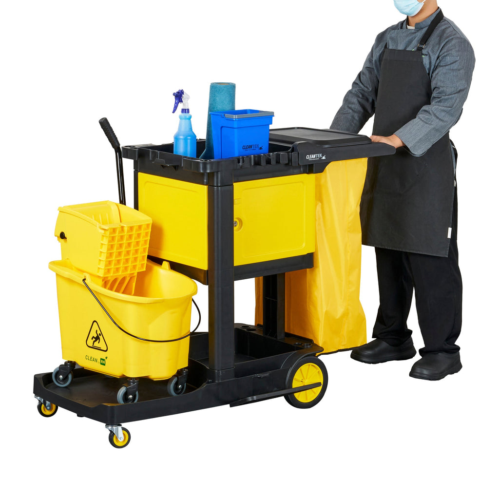 Clean Tek Professional Black Heavy Duty 3-Shelf Janitor Cart - 21 gal Bag,Lid,Single Locking Cabinet - 53 1/2" x 33 1/2" x 39" - 1 count box