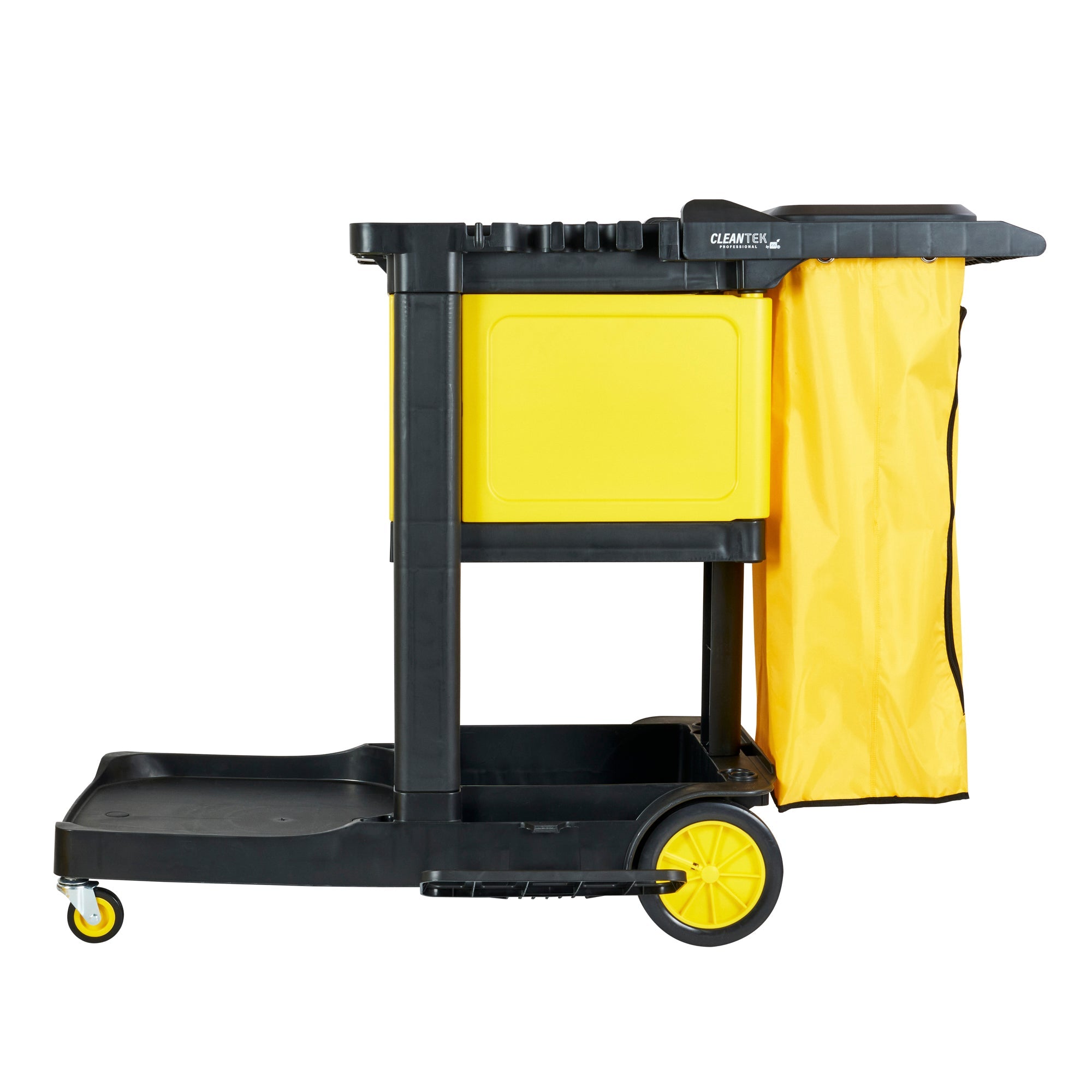 Clean Tek Professional Black Heavy Duty 3-Shelf Janitor Cart - 21 gal Bag,Lid,Single Locking Cabinet - 53 1/2" x 33 1/2" x 39" - 1 count box