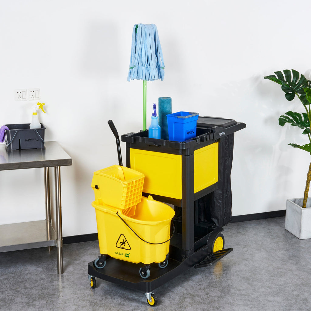 Clean Tek Professional Black Heavy Duty 3-Shelf Janitor Cart - 21 gal Bag,Lid,Single Locking Cabinet - 53 1/2" x 33 1/2" x 39" - 1 count box