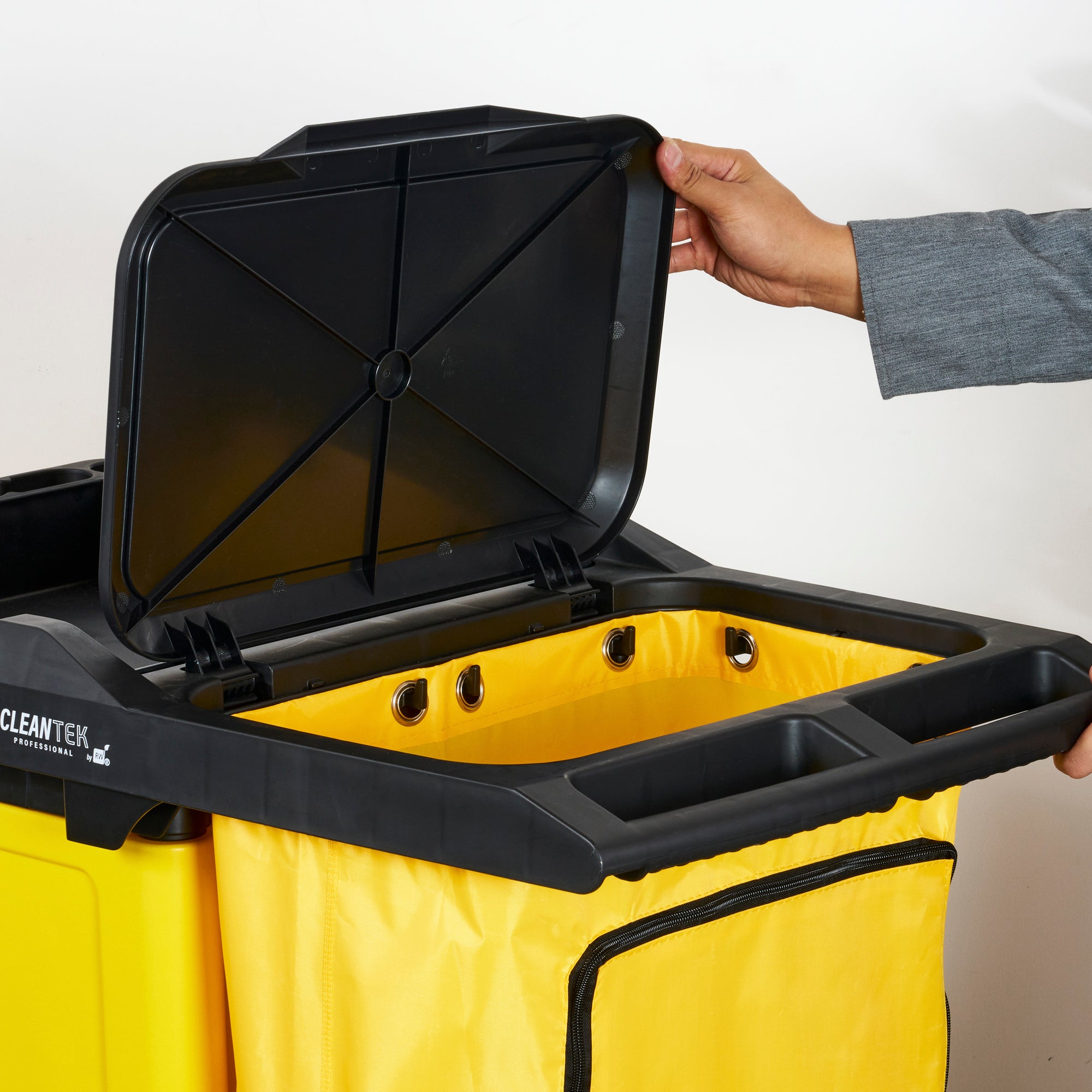 Clean Tek Professional Black Heavy Duty 3-Shelf Janitor Cart - 21 gal Bag,Lid,Single Locking Cabinet - 53 1/2" x 33 1/2" x 39" - 1 count box