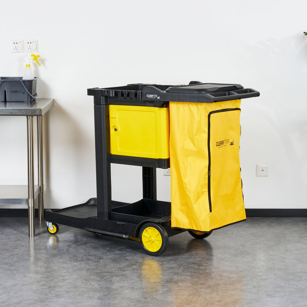 Clean Tek Professional Black Heavy Duty 3-Shelf Janitor Cart - 21 gal Bag,Lid,Single Locking Cabinet - 53 1/2" x 33 1/2" x 39" - 1 count box