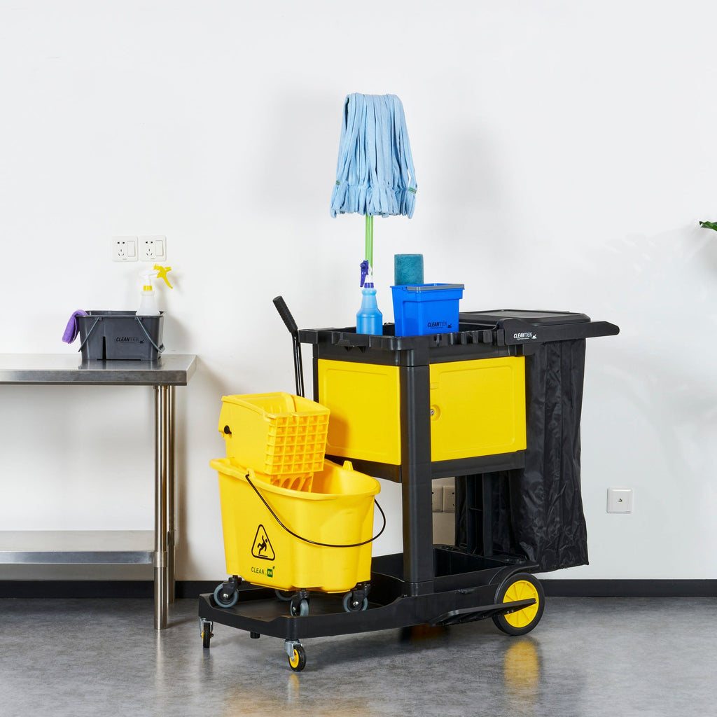 Clean Tek Professional Black Heavy Duty 3-Shelf Janitor Cart - 21 gal Bag,Lid,Single Locking Cabinet - 53 1/2" x 33 1/2" x 39" - 1 count box