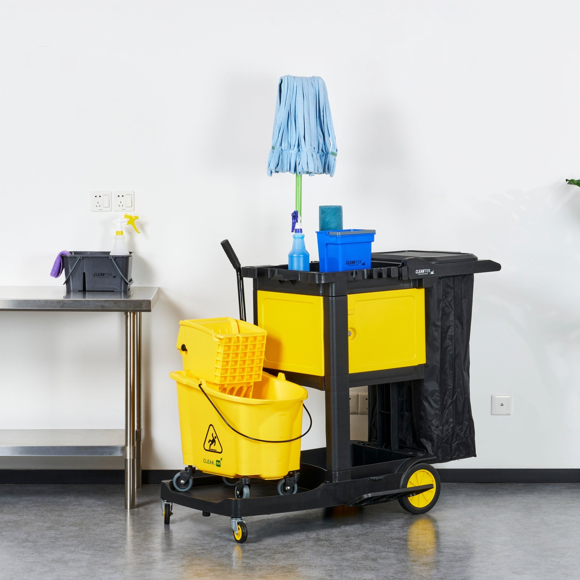 Clean Tek Professional Black Heavy Duty 3-Shelf Janitor Cart - 21 gal Bag,Lid,Single Locking Cabinet - 53 1/2" x 33 1/2" x 39" - 1 count box