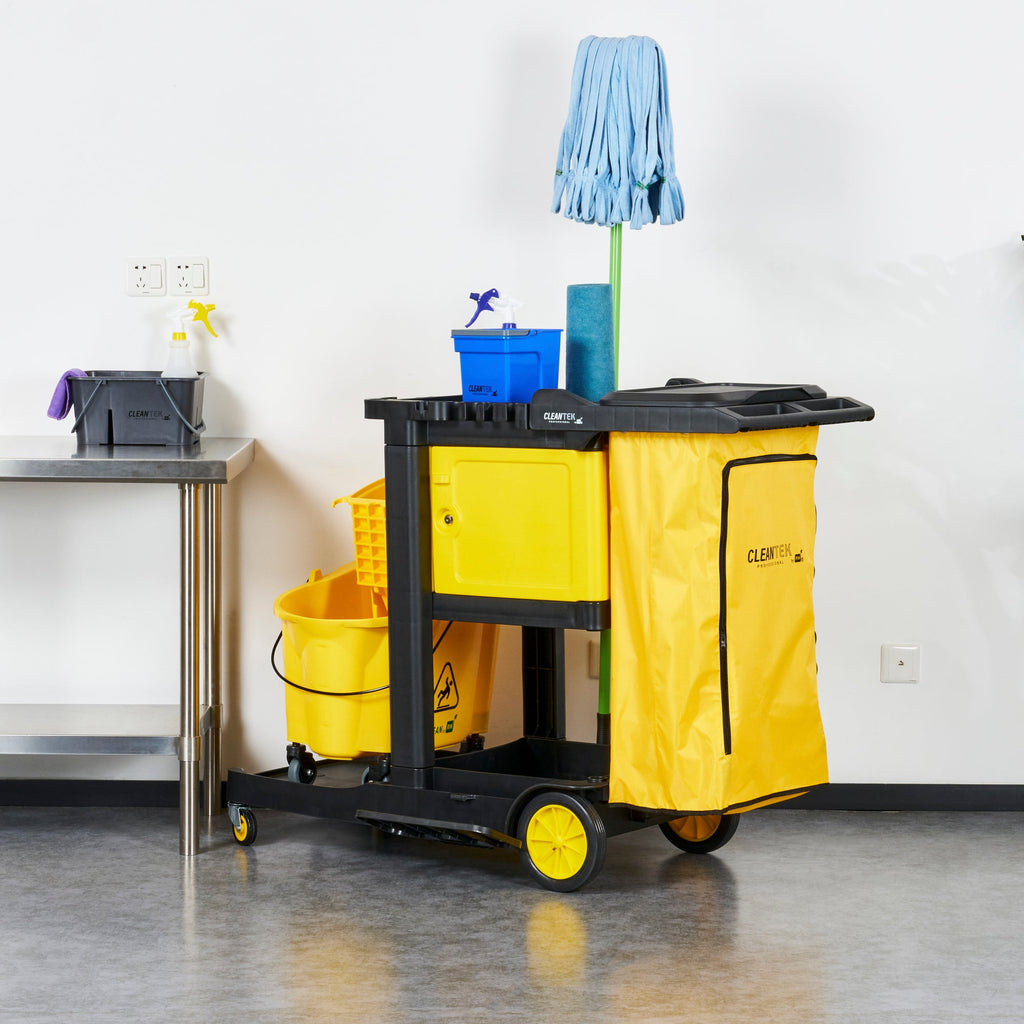 Clean Tek Professional Black Heavy Duty 3-Shelf Janitor Cart - 21 gal Bag,Lid,Single Locking Cabinet - 53 1/2" x 33 1/2" x 39" - 1 count box
