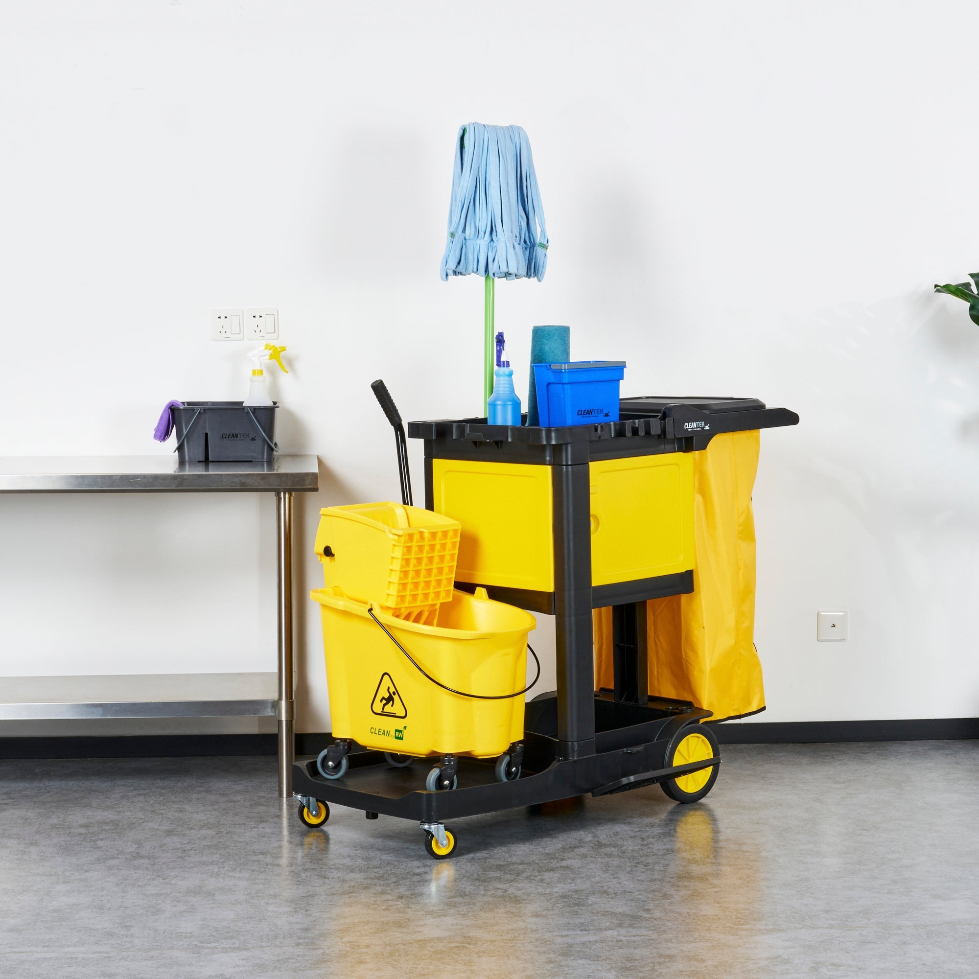 Clean Tek Professional Black Heavy Duty 3-Shelf Janitor Cart - 21 gal Bag,Lid,Single Locking Cabinet - 53 1/2" x 33 1/2" x 39" - 1 count box