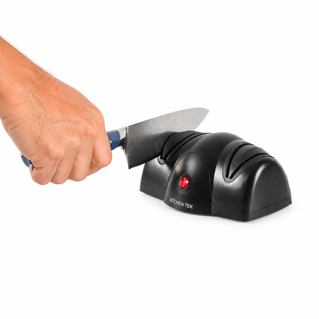 Kitchen Tek Black Plastic 2 Stage Electric Knife Sharpener - for Straight Edge Knives, 120V - 7 1/2'' x 5 3/4'' x 3 3/4'' - 1 count box