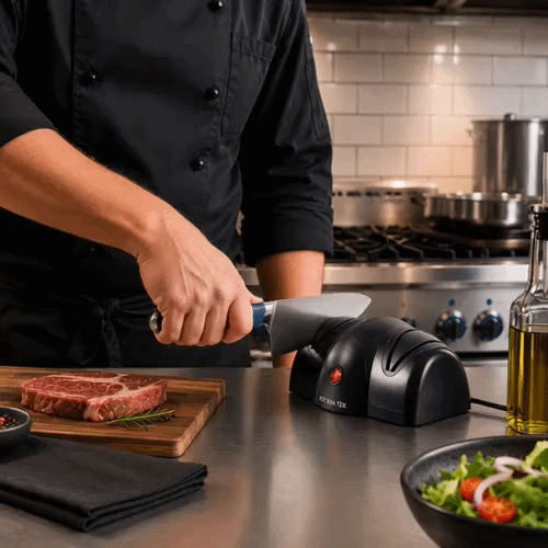 Kitchen Tek Black Plastic 2 Stage Electric Knife Sharpener - for Straight Edge Knives, 120V - 7 1/2'' x 5 3/4'' x 3 3/4'' - 1 count box