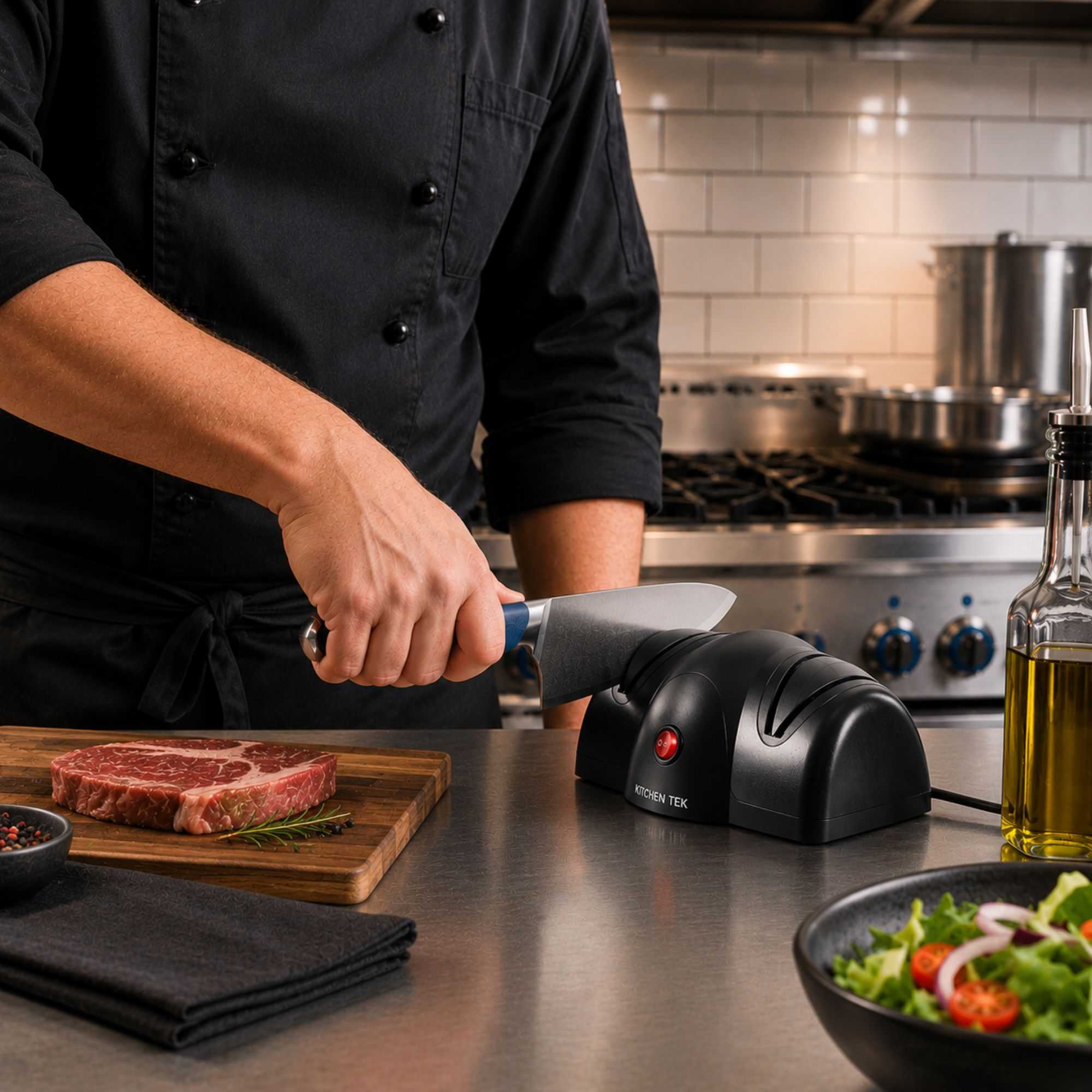 Kitchen Tek Black Plastic 2 Stage Electric Knife Sharpener - for Straight Edge Knives, 120V - 7 1/2'' x 5 3/4'' x 3 3/4'' - 1 count box