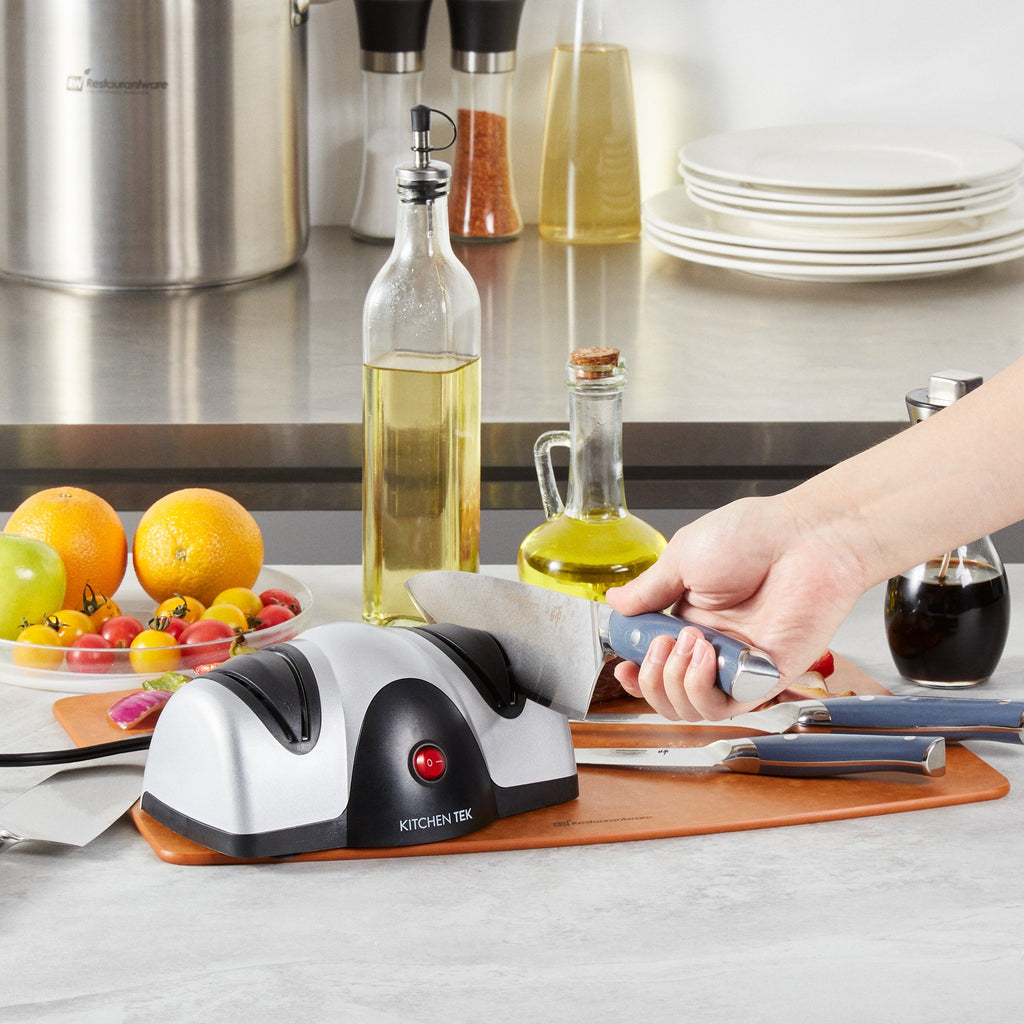 Kitchen Tek Silver Plastic 2 Stage Electric Knife Sharpener - for Straight Edge Knives, 120V - 7 1/2'' x 5 3/4'' x 3 3/4'' - 1 count box