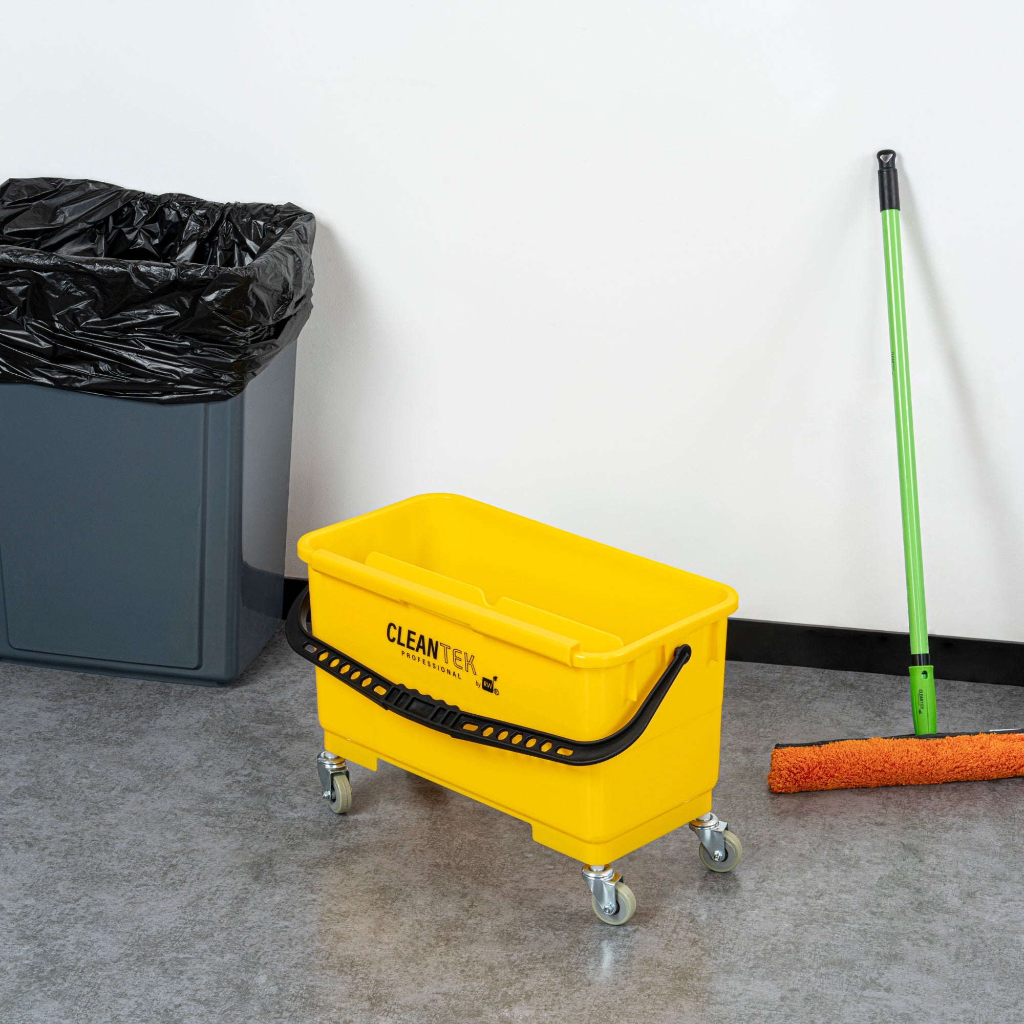 Clean Tek Professional 25 Qt Yellow Bucket - with Wheels, U-Shaped Sieve - 22" x 11 1/2" x 13 1/2" - 1 count box