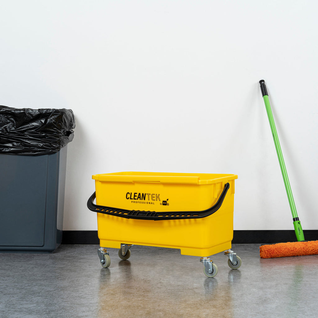 Clean Tek Professional 25 Qt Yellow Bucket - with Wheels, U-Shaped Sieve - 22" x 11 1/2" x 13 1/2" - 1 count box