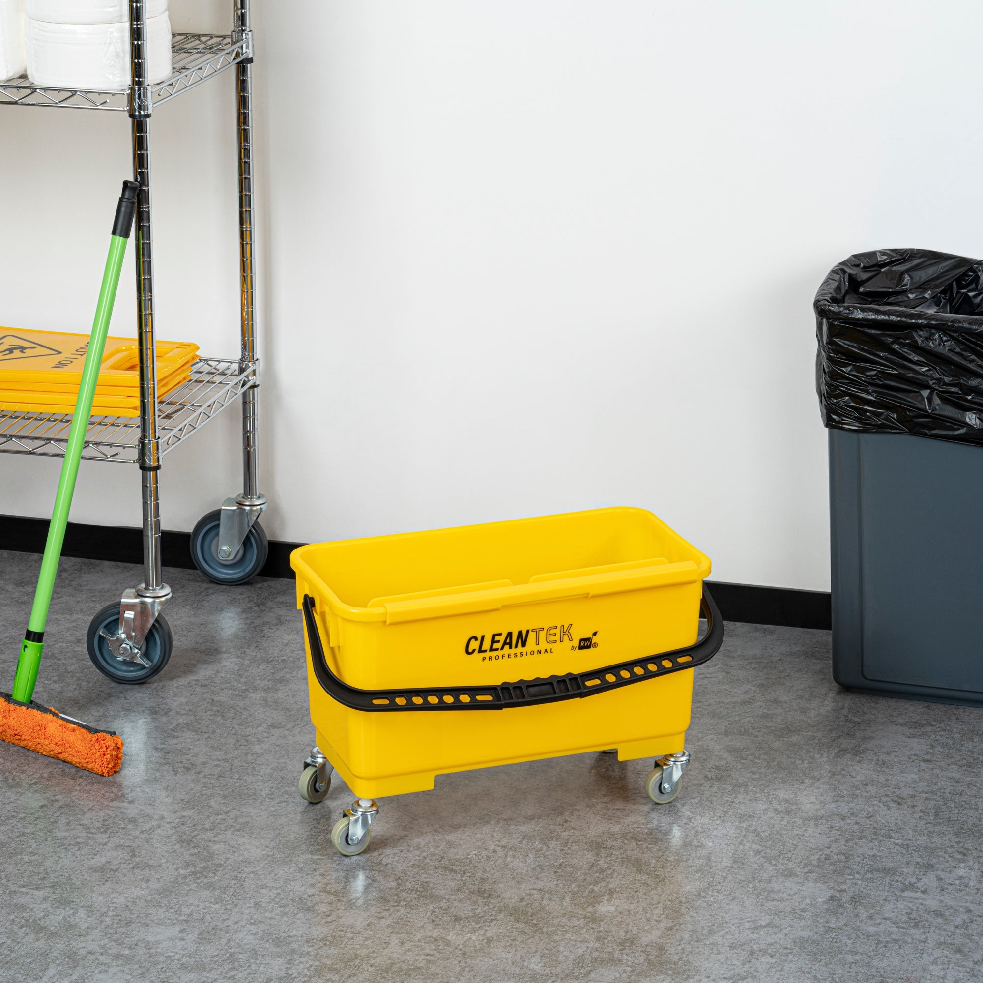 Clean Tek Professional 25 Qt Yellow Bucket - with Wheels, U-Shaped Sieve - 22" x 11 1/2" x 13 1/2" - 1 count box
