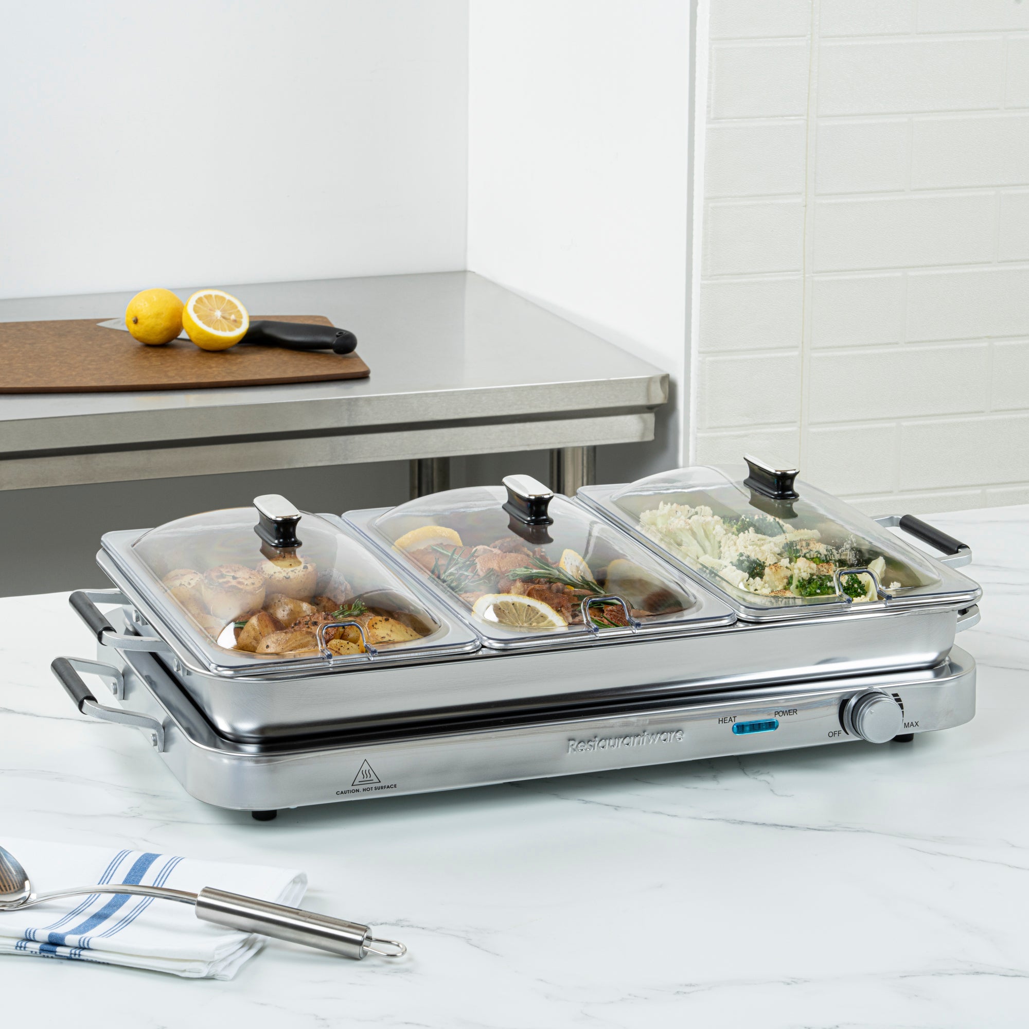 Kitchen Tek Stainless Steel Buffet Server and Food Warmer - 120V, with (3) 2.5 Qt Buffet Pans and (1) 7.5 Qt Warming Tray - 1 count box