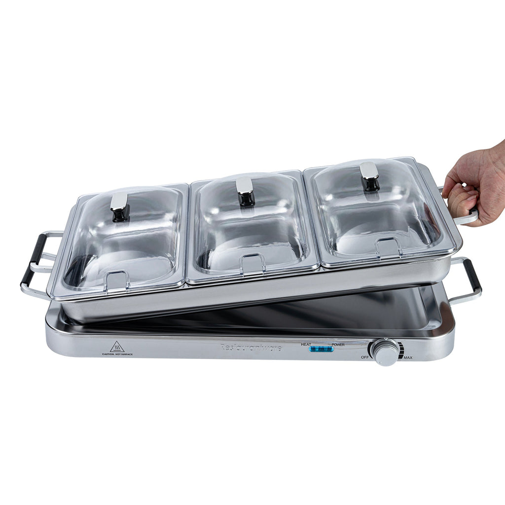 Kitchen Tek Stainless Steel Buffet Server and Food Warmer - 120V, with (3) 2.5 Qt Buffet Pans and (1) 7.5 Qt Warming Tray - 1 count box