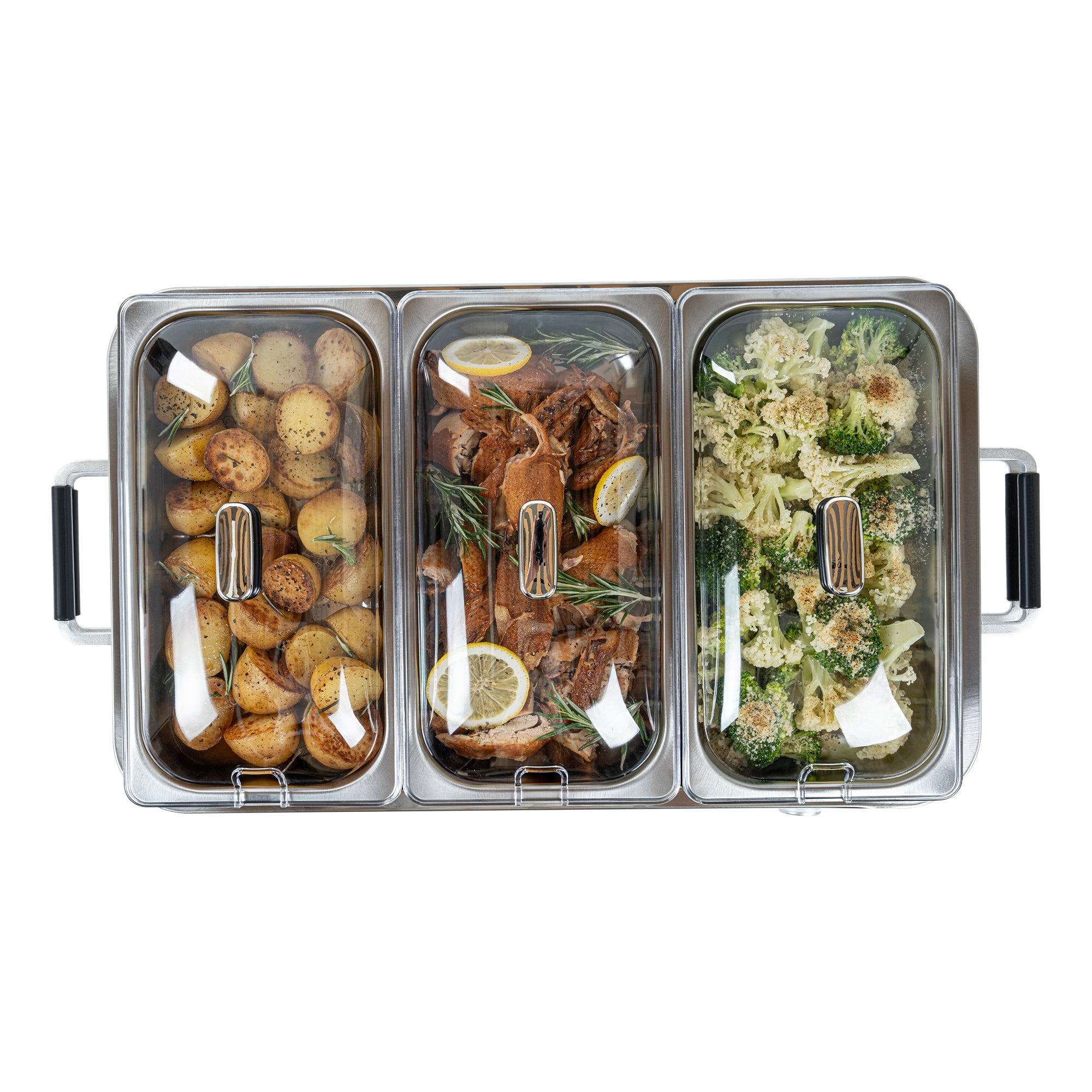 Kitchen Tek Stainless Steel Buffet Server and Food Warmer - 120V, with (3) 2.5 Qt Buffet Pans and (1) 7.5 Qt Warming Tray - 1 count box