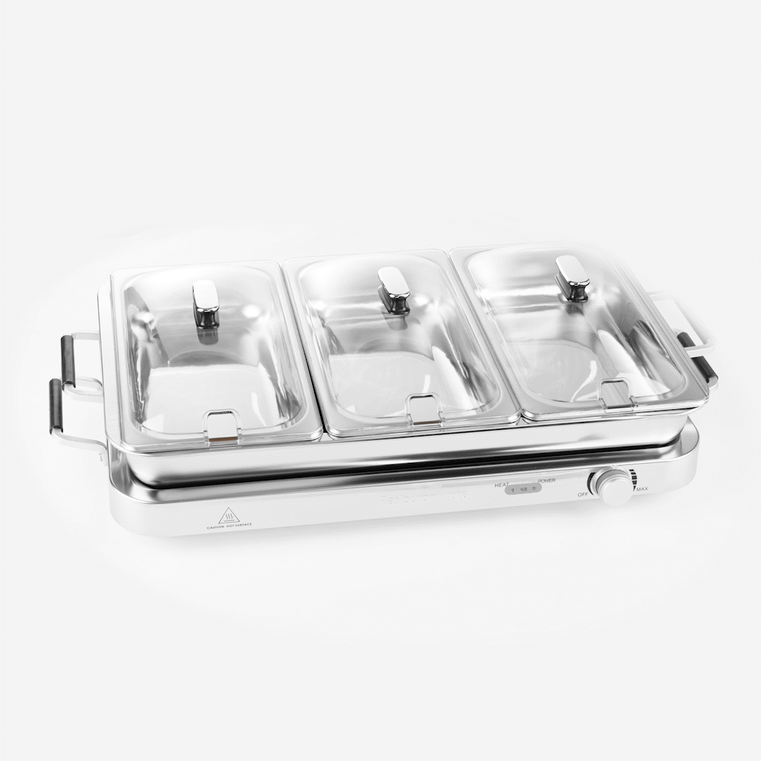 Kitchen Tek Stainless Steel Buffet Server and Food Warmer - 120V, with (3) 2.5 Qt Buffet Pans and (1) 7.5 Qt Warming Tray - 1 count box