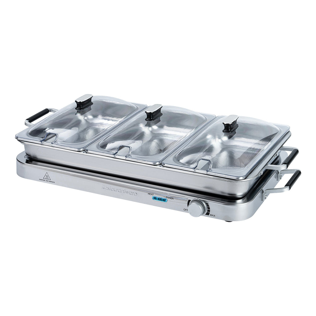 Kitchen Tek Stainless Steel Buffet Server and Food Warmer - 120V, with (3) 2.5 Qt Buffet Pans and (1) 7.5 Qt Warming Tray - 1 count box