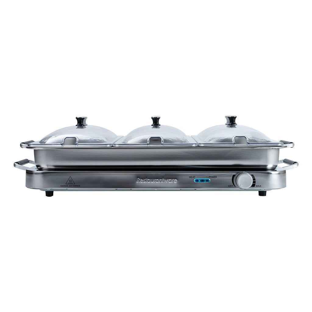Kitchen Tek Stainless Steel Buffet Server and Food Warmer - 120V, with (3) 2.5 Qt Buffet Pans and (1) 7.5 Qt Warming Tray - 1 count box