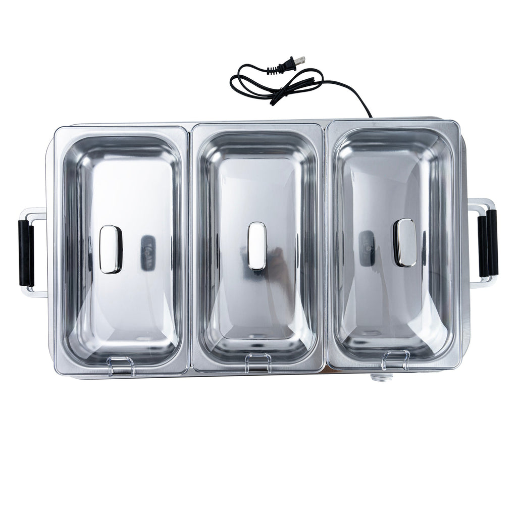 Kitchen Tek Stainless Steel Buffet Server and Food Warmer - 120V, with (3) 2.5 Qt Buffet Pans and (1) 7.5 Qt Warming Tray - 1 count box