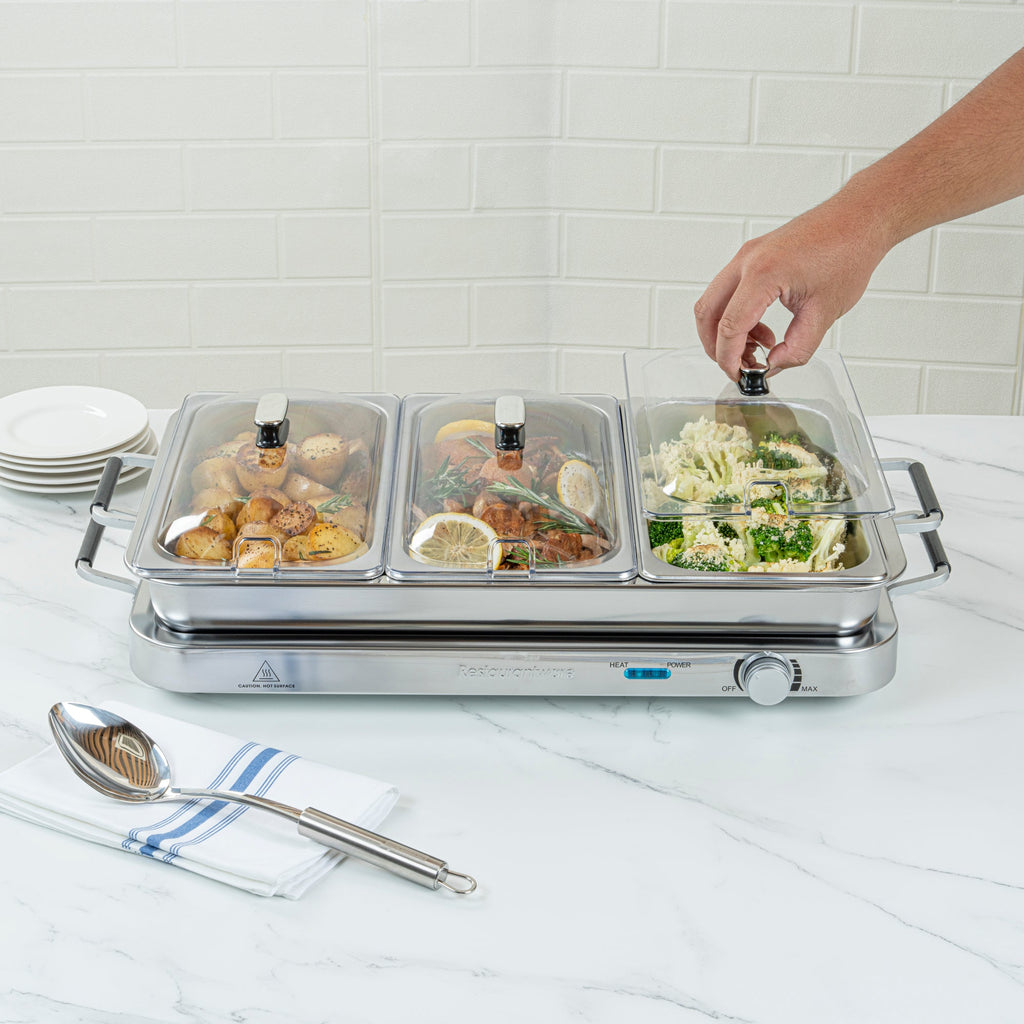 Kitchen Tek Stainless Steel Buffet Server and Food Warmer - 120V, with (3) 2.5 Qt Buffet Pans and (1) 7.5 Qt Warming Tray - 1 count box