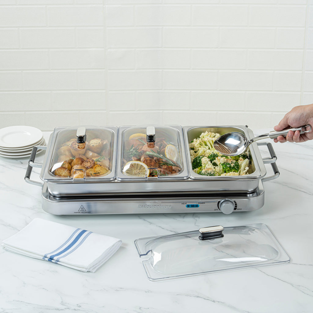 Kitchen Tek Stainless Steel Buffet Server and Food Warmer - 120V, with (3) 2.5 Qt Buffet Pans and (1) 7.5 Qt Warming Tray - 1 count box
