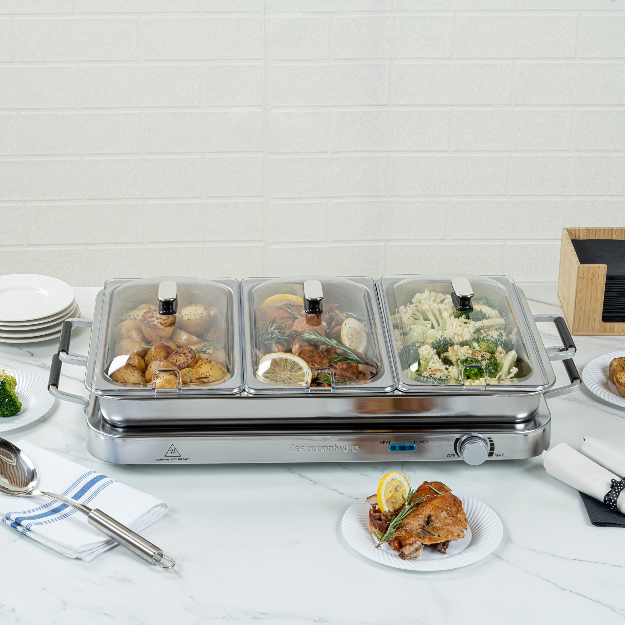 Kitchen Tek Stainless Steel Buffet Server and Food Warmer - 120V, with (3) 2.5 Qt Buffet Pans and (1) 7.5 Qt Warming Tray - 1 count box