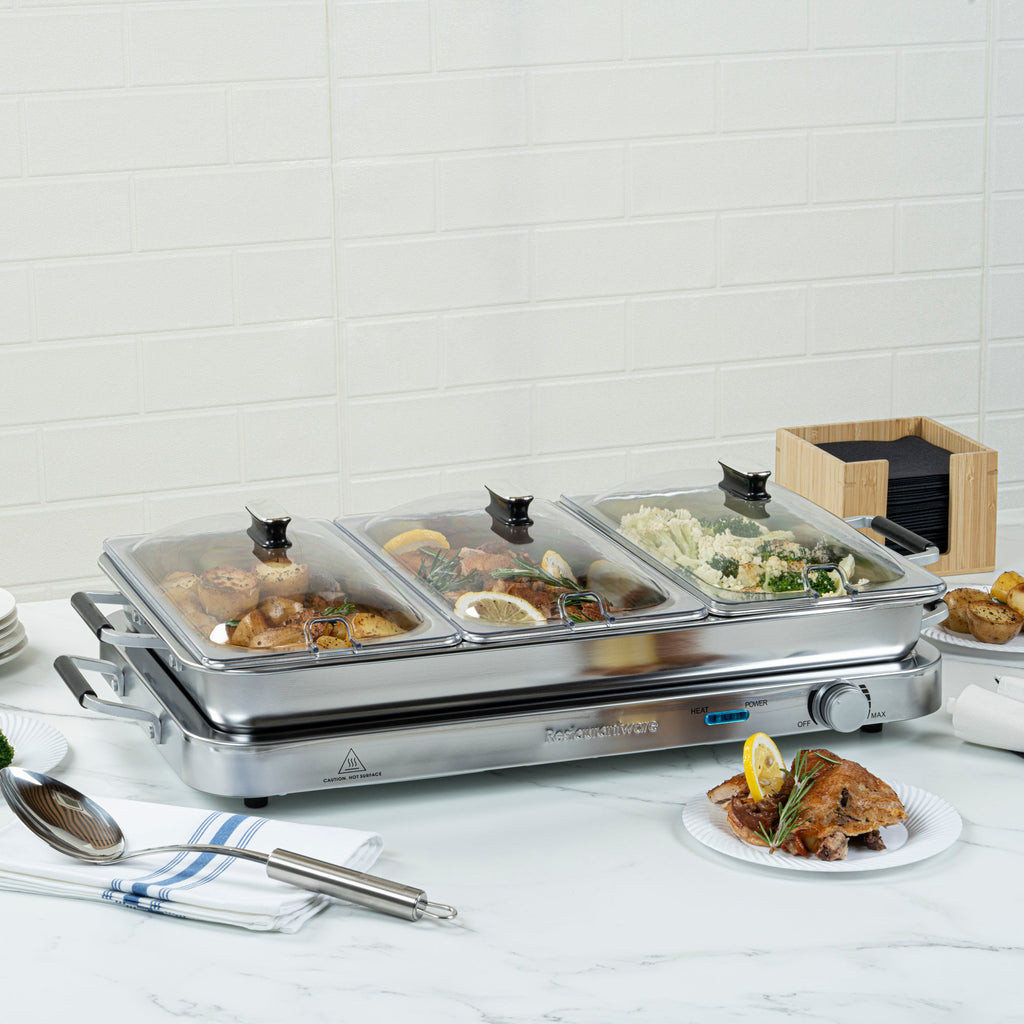 Kitchen Tek Stainless Steel Buffet Server and Food Warmer - 120V, with (3) 2.5 Qt Buffet Pans and (1) 7.5 Qt Warming Tray - 1 count box