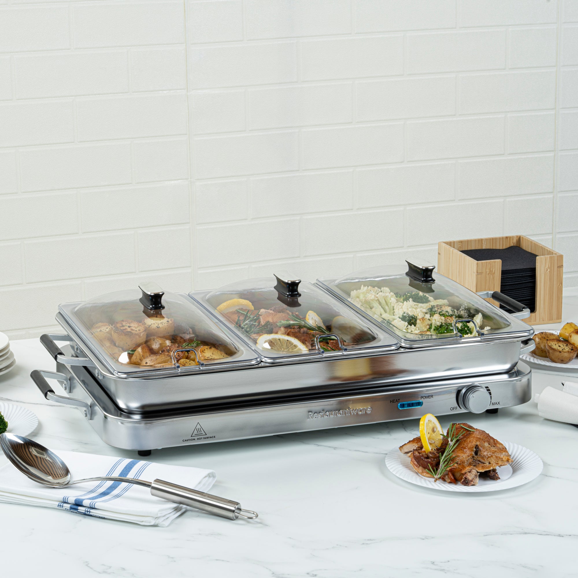 Kitchen Tek Stainless Steel Buffet Server and Food Warmer - 120V, with (3) 2.5 Qt Buffet Pans and (1) 7.5 Qt Warming Tray - 1 count box