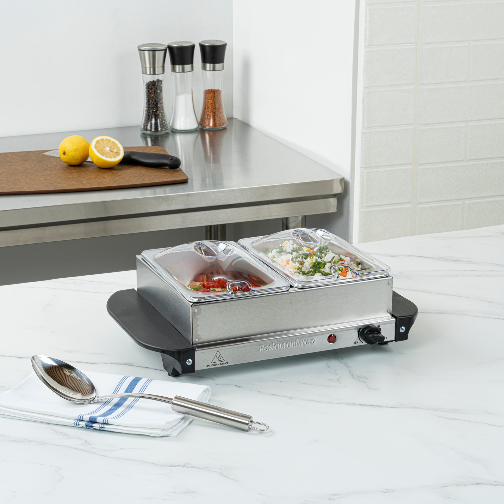 Kitchen Tek Stainless Steel Buffet Server and Food Warmer - 120V, with (2) 1.5 Qt Buffet Pans - 1 count box
