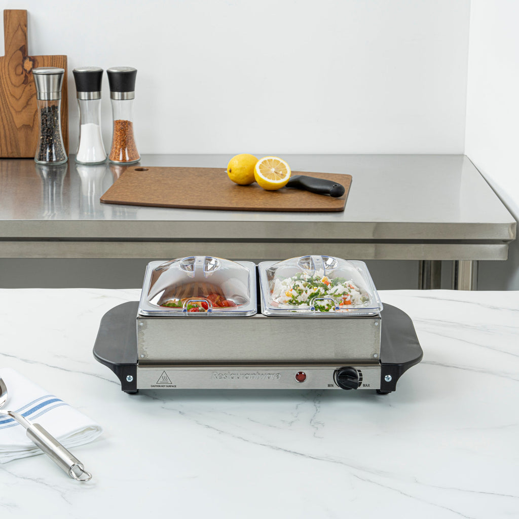 Kitchen Tek Stainless Steel Buffet Server and Food Warmer - 120V, with (2) 1.5 Qt Buffet Pans - 1 count box