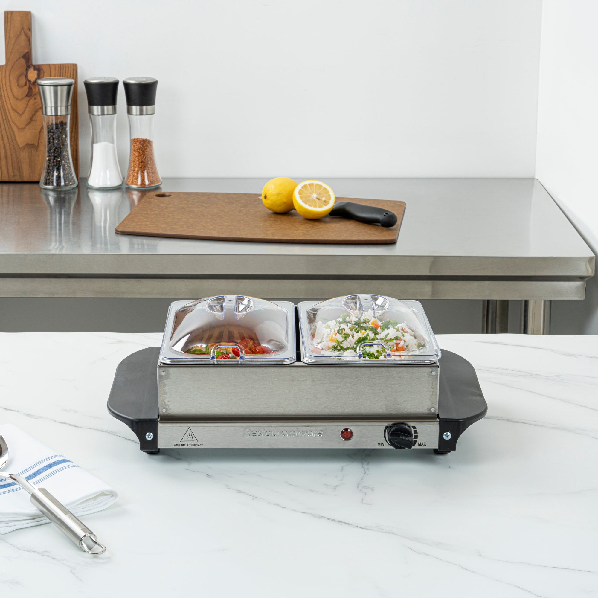 Kitchen Tek Stainless Steel Buffet Server and Food Warmer - 120V, with (2) 1.5 Qt Buffet Pans - 1 count box