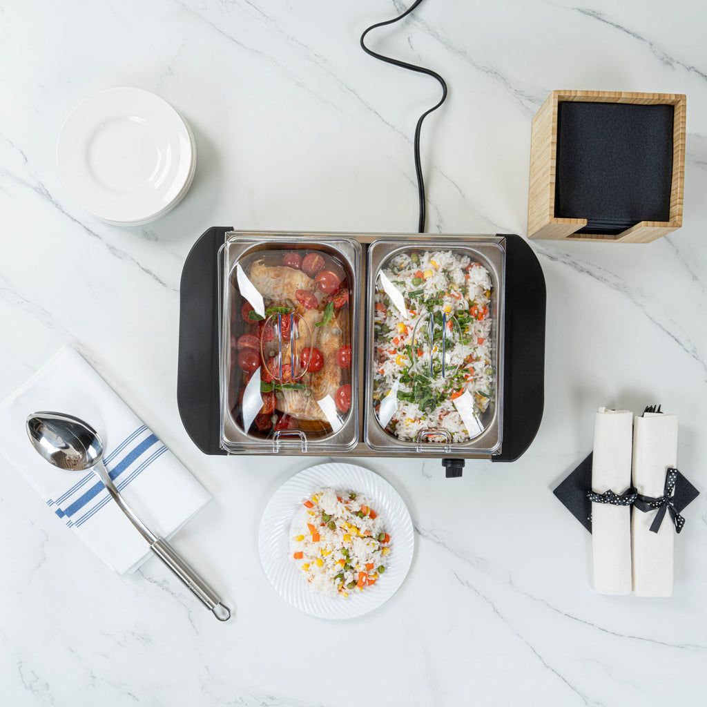 Kitchen Tek Stainless Steel Buffet Server and Food Warmer - 120V, with (2) 1.5 Qt Buffet Pans - 1 count box
