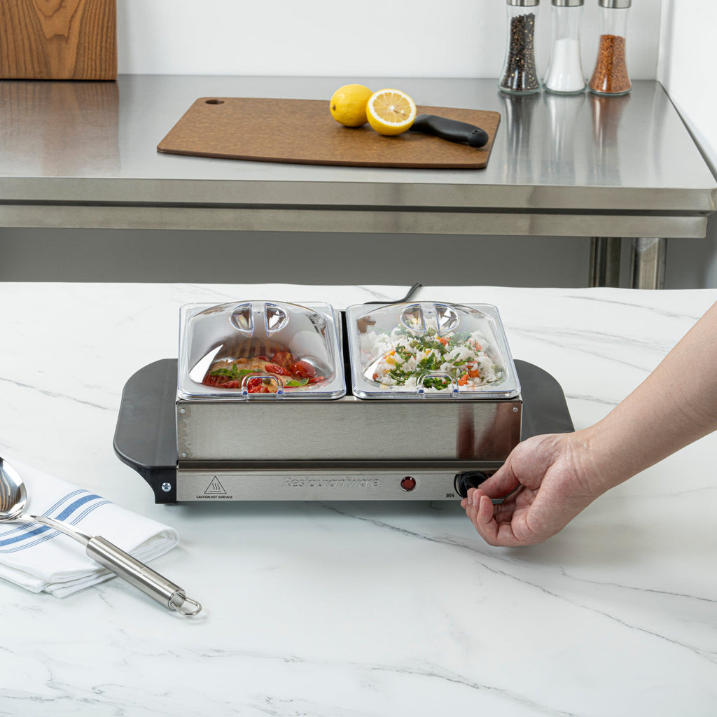 Kitchen Tek Stainless Steel Buffet Server and Food Warmer - 120V, with (2) 1.5 Qt Buffet Pans - 1 count box