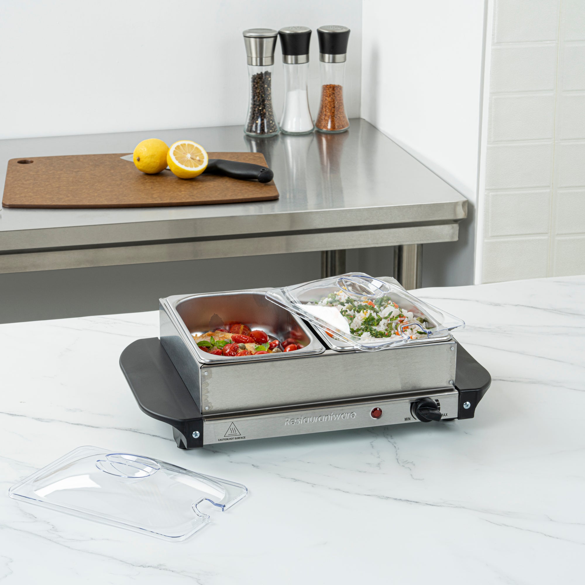 Kitchen Tek Stainless Steel Buffet Server and Food Warmer - 120V, with (2) 1.5 Qt Buffet Pans - 1 count box